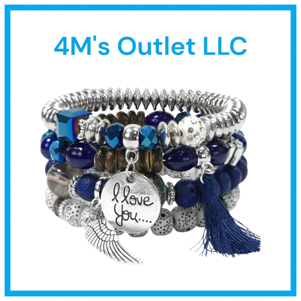 Silver and Blue Beaded Bracelet Set